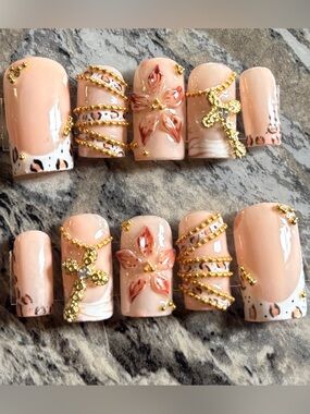 Peach Floral & Gold Accent Press-On Nails - Women Makeup